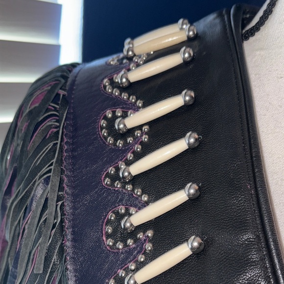 🟣 Western Wear by Shaf Leather Vest – Purple & Black Fringe, Bone & Silver Stud - Picture 6 of 14